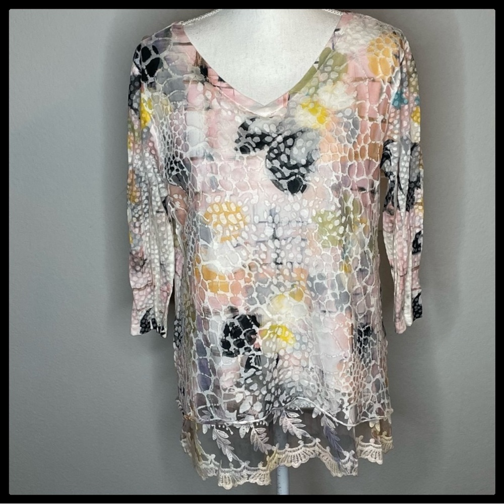 Impulse California Lace Weave, 3/4 Sleeve Sheer Top With Lace Trim Accen…